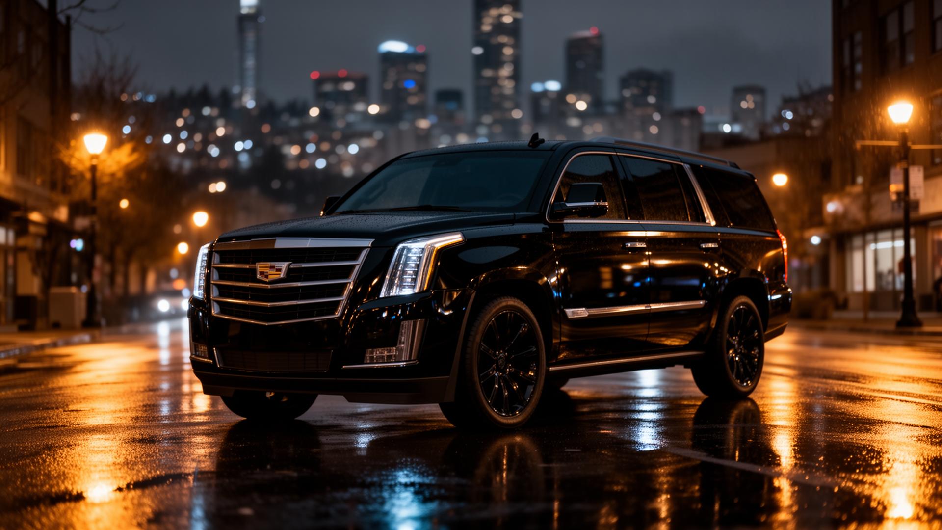 Blacked-out luxury SUV on a Seattle street at night